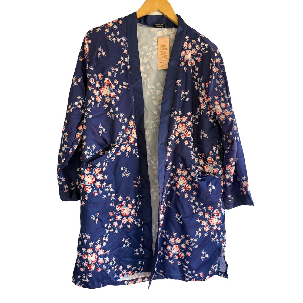 Morgan Lane x FabFitFun Navy Floral Satin Kimono Robe Womens S/M Missing Tie